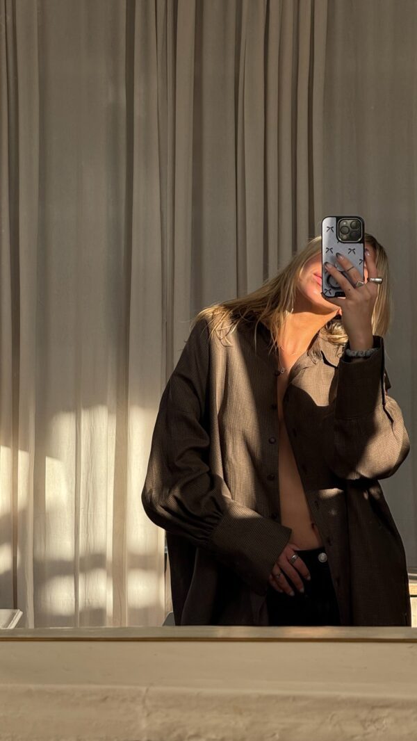 EGZT LINEN – WOOL GINGHAM SHIRT IN BURGUNDY BROWN